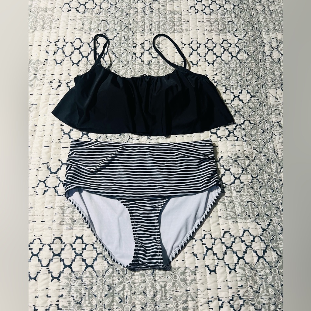 Xl Black & White High Waisted Tankini Bikini Swim Suit New Without Tags